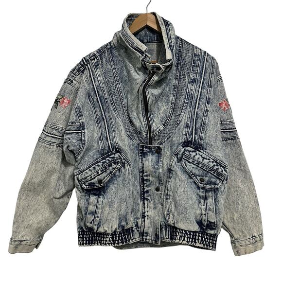 Vintage Acid Wash Denim Jean Bomber Jacket Y2K Ruth Douglas Floral Size Medium - Picture 5 of 15